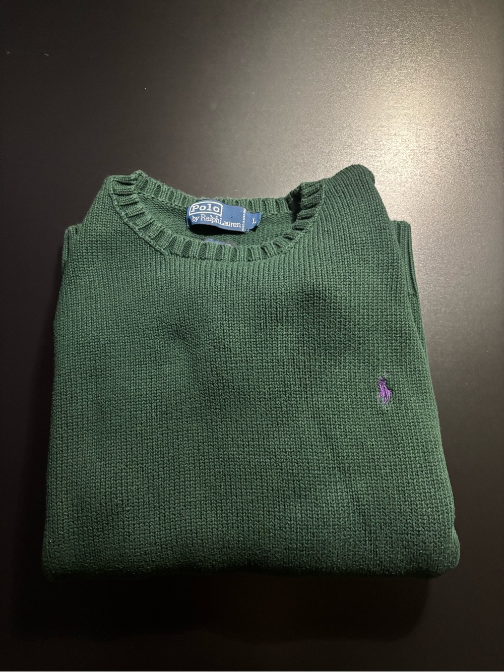 Ralph Lauren Men's Dark Green Crewneck Sweater with Purple Pony